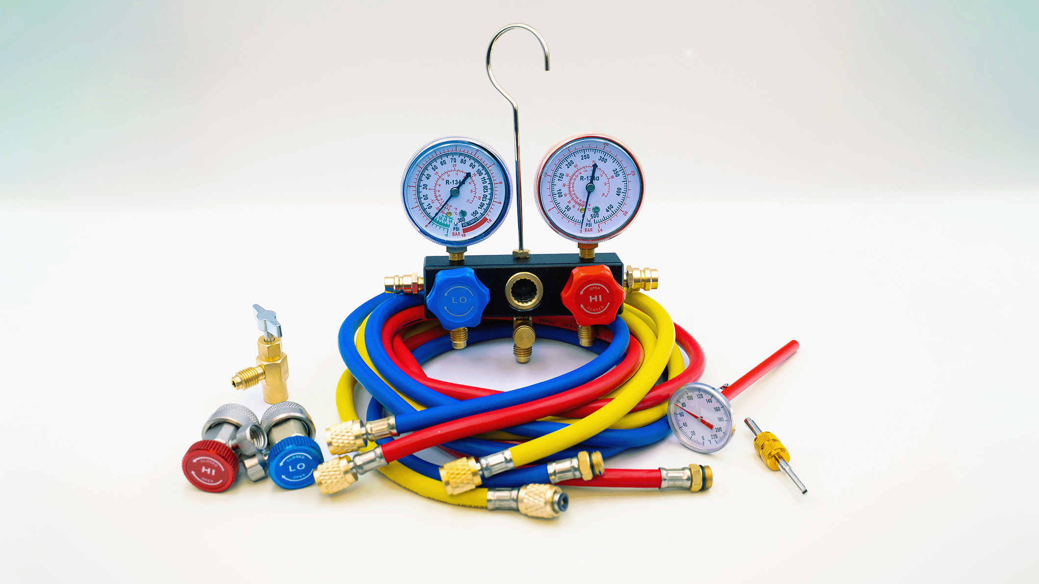 6785 R-134a Aluminum Manifold Gauge Set and Tool Assortment